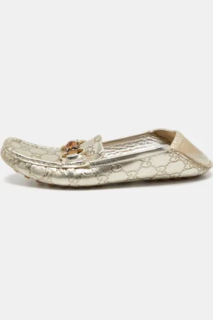 Gucci Metallic ssima Leather Bamboo Horsebit Slip On Loafers Size 37