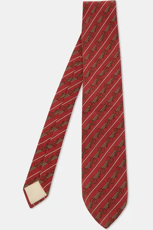 Céline Vintage Red Diagonal Striped Printed Silk Tie