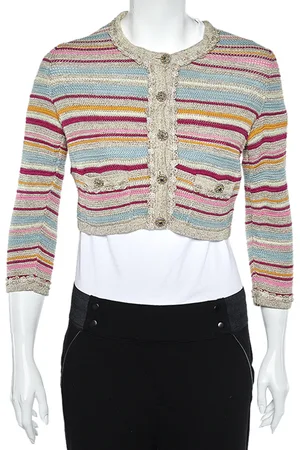 CHANEL Stripe Cotton Knit Cardigan M
