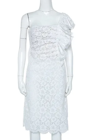VALENTINO Lace Ruffle Detail One Shoulder Midi Dress M