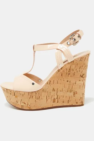 Casadei Pale Patent Leather Cork Wedge T Strap Sandals Size 41