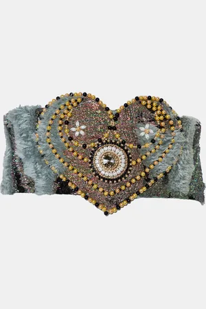 Reem Acra Lurex Jacquard & Faux Fur Beaded Heart Detail Waist Belt M
