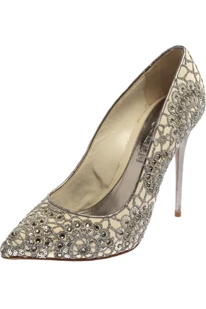 Alexander McQueen /Off White Lace And Leather Crystal Embellish Pointed Toe Pumps Size 39.5