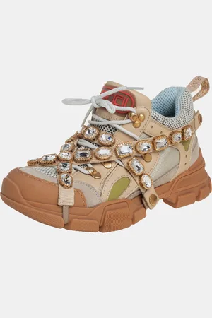 Gucci /Grey Leather And Mesh Flashtrek Removable Crystals Sneaker Size 39