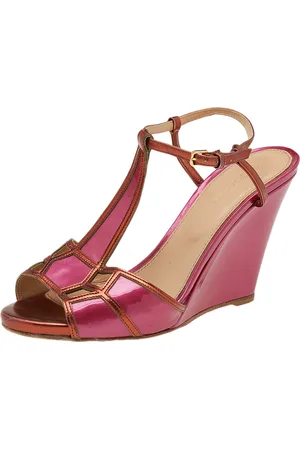 Sergio Rossi /Metallic Bronze Patent And Leather Wedge Ankle Strap Sandals Size 38