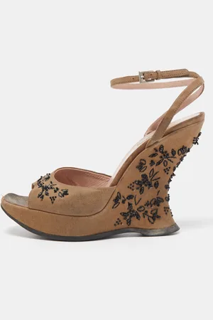 Prada Nubuck Leather Embellished Wedge Ankle Strap Sandals Size 37.5