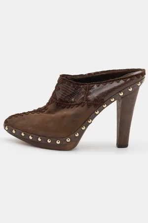 Sergio Rossi Lizard Embossed Leather and Suede Studded Platform Mules Size 37.5