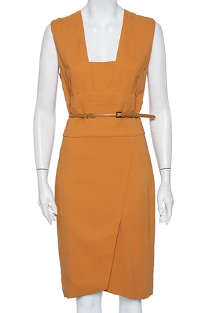 Elie saab Camel Crepe Pleated Detail Belted Sleeveless Dress S