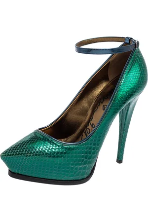 Lanvin /Blue Snakeskin Leather Pointed-Toe Ankle-Strap Pumps Size 38