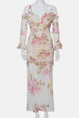 Alessandra Rich Floral Printed Silk Ruched Cold Shoulder Maxi Dress M