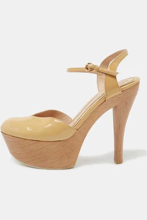 Gucci Patent Leather Ankle Strap Wooden Ankle Strap Clog Size 37