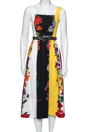 Oscar de la Renta Floral Printed Cotton Pleated and Button Front Belted Midi Dress XS