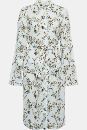 OFF-WHITE Floral Logo Print Crepe Belted Midi Shirt Dress M
