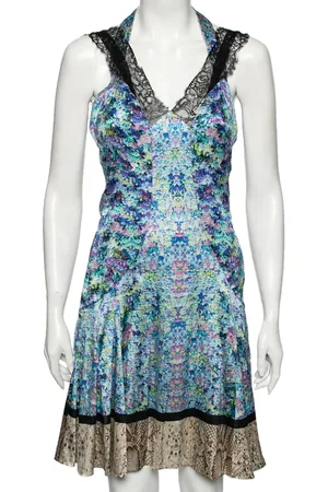 Roberto Cavalli Multicolored Printed Silk Lace Trimmed Dress M