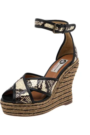 Lanvin /Brown Python Embossed Leather Platform Wedge Sandals Size 37