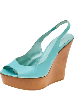 Gianvito Rossi Turquoise Leather Wedge Platform Slingback Sandals Size 38.5
