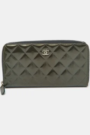 CHANEL Olive Quilted Patent Leather Classic Zip Around Wallet