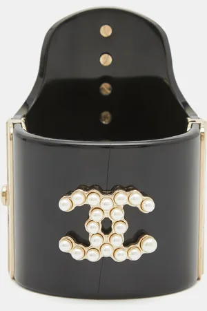 CHANEL CC Resin Faux Pearls Embedded Asymmetric Cuff Bracelet