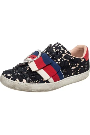 Gucci Lace Ace Web Crystal Embellished Slip On Sneakers Size 34.5