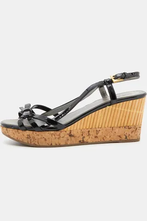 Prada Patent Leather Strappy Bow Platform Wedge Sandals Size 36