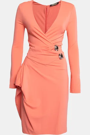 Roberto Cavalli Peach Jersey Embellished Wrap Detail Draped Dress S