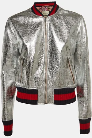 Gucci Silver Crinkle Leather Bomber Jacket L