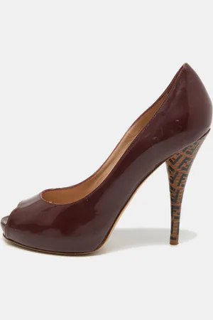 Fendi Patent Leather Zucca Print Heel Peep Toe Pumps Size 38