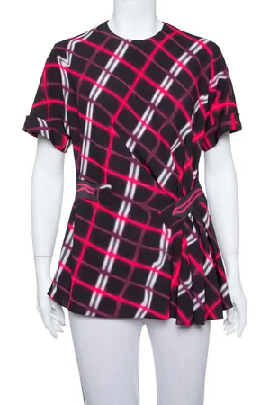 Kenzo Plaid Pattern Printed Crepe Waist Inset Tie Detail Top M