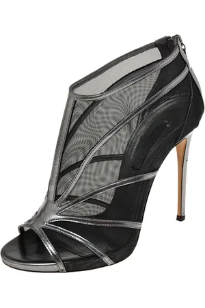 Casadei Metallic /Black Leather and Mesh Open-Toe Ankle Booties Size 38