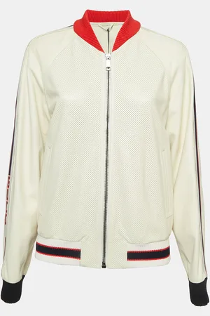 Gucci Logo Print Leather Perforated Detail Bomber Jacket L