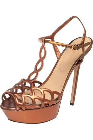 Sergio Rossi Gold Leather Ankle Strap Platform Sandals Size 38