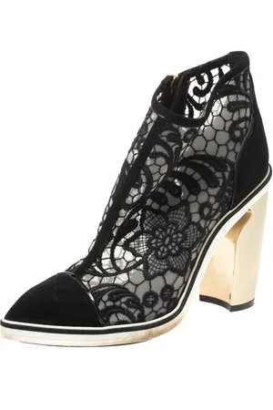 Nicholas Kirkwood Suede and Embroidered Mesh Block Heel Ankle Boots Size 36.5