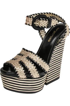 Sergio Rossi /Black Leather Braided Ankle Strap Wedges Sandal Size 35