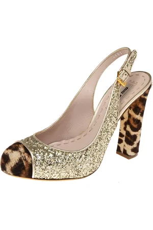 Miu Miu Tri-Color Coarse Glitter and Leopard Print Calf Hair Cap-Toe Slingback Pumps Size 37.5