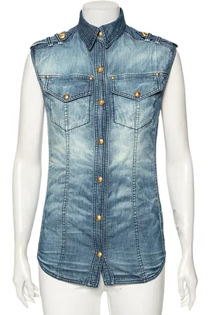Balmain Faded Effect Denim Pocket Detailed Button Front Sleeveless Shirt S