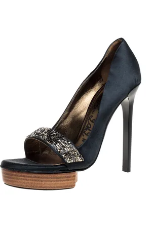 Lanvin Dark Satin Crystal Embellished Open Toe Platform Pumps Size 36