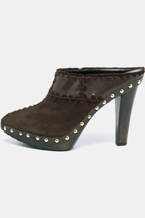 Sergio Rossi Lizard Embossed Leather and Suede Studded Platform Mules Size 38