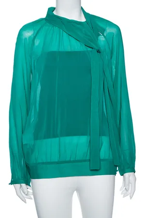 RED Valentino Teal Silk Topstitch Pleated Shoulder Detail Blouse M