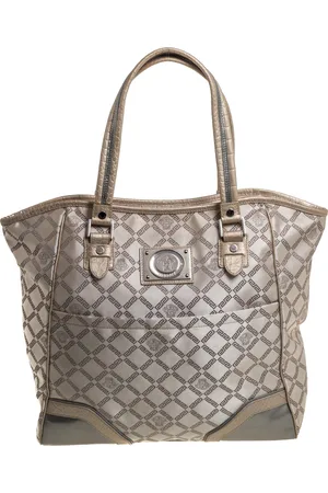 VERSACE Monogram Fabric and Croc Embossed Leather Tote