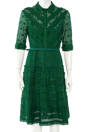Oscar de la Renta Eyelet Lace Belted Midi Dress L