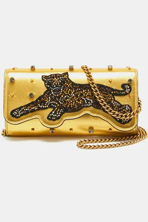Gucci Leather Embroidered Tiger Crystal Studded Chain Clutch