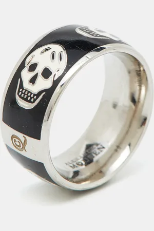 Alexander McQueen Silver Tone Enamel Skull Ring Size 55