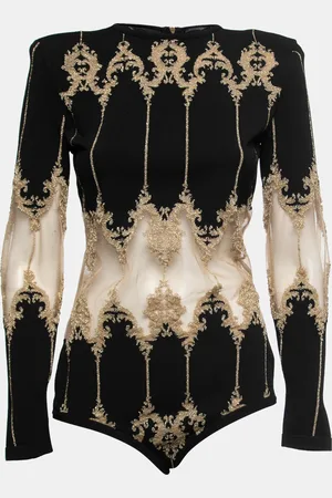 Balmain Stretch-Knit Metallic Tulle Paneled Bodysuit L