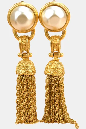 CHANEL Vintage 1994 Plated Pearl Fringe Tassel Dangle Clip On Earrings