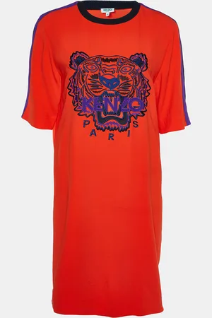 Kenzo Crepe Tiger Motif Embroidered Shift Dress XS