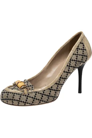Gucci /Black Canvas and Croc Embossed Leather Bamboo Horsebit Loafer Pumps Size 38