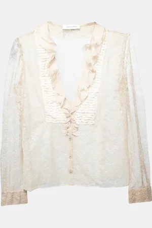 VALENTINO Lace Ruffle Detail Button Front Long Sleeve Blouse L