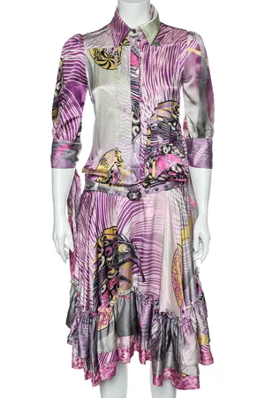 Roberto Cavalli Printed Silk Belted Ruffled Hem Dress S