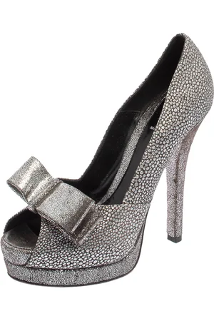 Fendi Brocade Fabric and Textured Leather Deco Bow Peep Toe Platform Pumps Size 38
