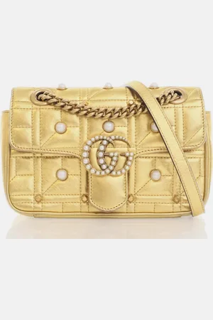 Gucci Golden Metallic Leather GG Marmont Matelassé Small Pearl Shoulder Bag
